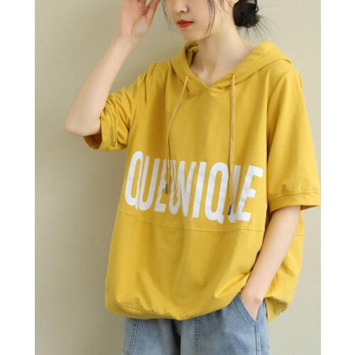 Cotton Loose Artistic Hooded Lace-up Summer New Letter Printing Flab Hiding Versatile Casual T-shirt Sweater for Women