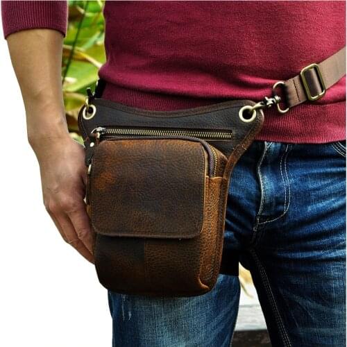 Hot Sale Top Quality Crazy Horse Real Leather men vintage Brown Small Belt Messenger Bag Waist Pack Drop Leg Bag 211-1