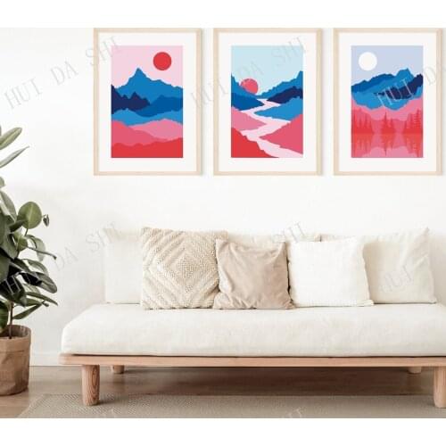 Set of 3 Abstract Mountain Landscape Poster Digital Art | Modern Boho Desert Sun Printable Art