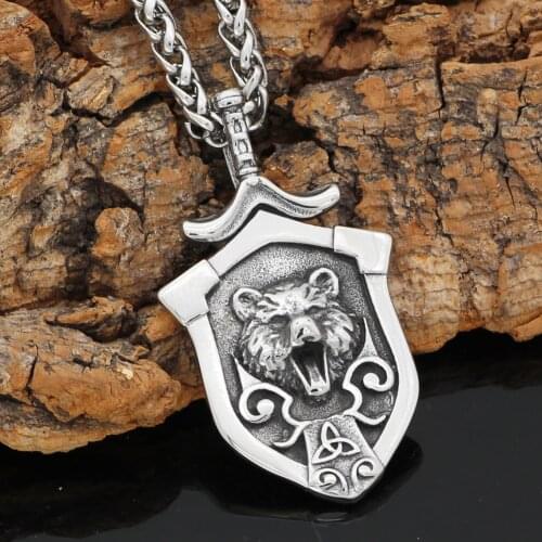 Norse bear head sword knot amulet stainless steel necklace with valknut gift bag