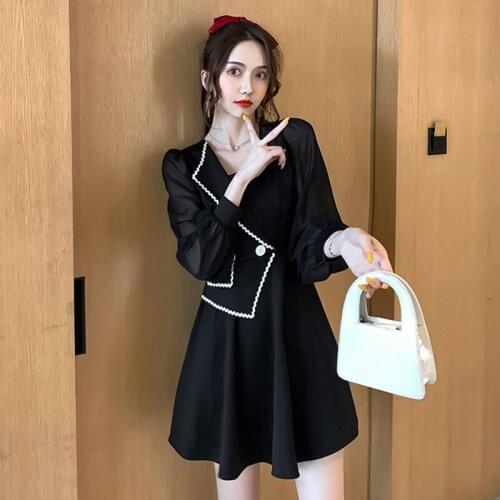 New arrival black mini a-line dress comfortable temperamental high quality work style chiffon perspective sexy cute dress