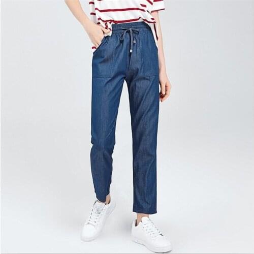 M-7XL New Summer 2020 Vintage Pocket Drawstring Pencil Pants Spring Denim Female Jeans Solid Jeans Plus Size Women Pants