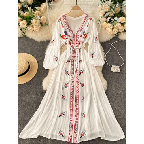 Bohemian Dress Embroidered Flower Lantern Sleeves V-neck Loose and Thin Waist Cotton and Linen Midi Dress GK105
