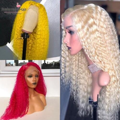 Preferred Hot Pink Curly Human Hair Wig Brazilian Remy Yellow 613 Lace Front Wig With Baby Hair Transparent Lace Wigs For Women