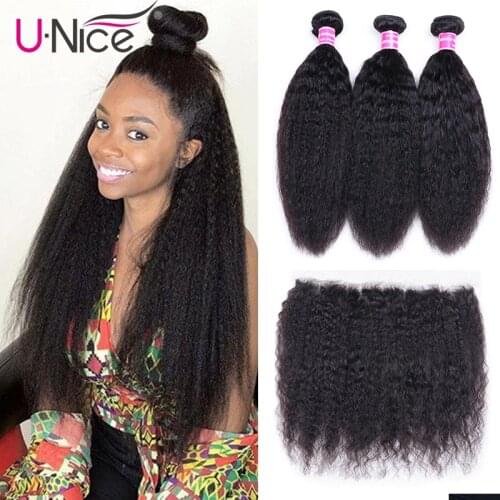 Unice Hair Kinky Straight Hair Bundles With Frontal Remy Hair Extenison Brazilian Hair Weave 3 Bundles with Frontal
