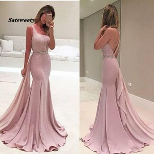Luxury Pink Mermaid Evening Dresses Sleeves Pearls Belt Dubai Saudi Arabic Formal Evening Gown Prom Dress Robe de Soiree