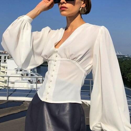 Lantern Sleeves Womens Shirt Solid V-Neck Thin Loose White Shirts Woman Long Sleeve 2021 Spring New Elegant Fashion Top Women