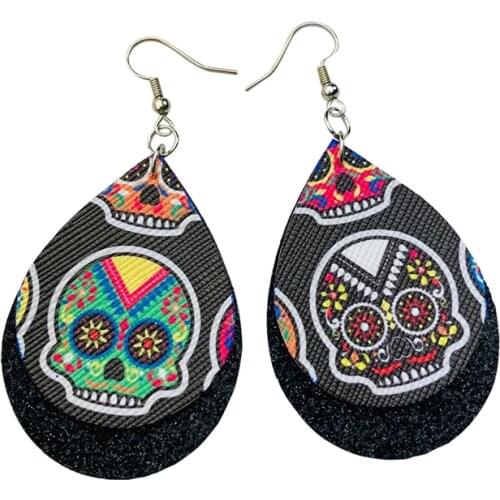 Sugar Skull Halloween Double Layers Faux Leather Tear Drop Earrings Fine Glitter Day of the Dead Earrings Made To Order