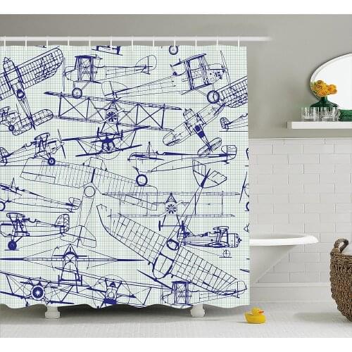 Airplane Shower Curtain Digital Old Airplane Drawings Classic Aged Dated Flights Vintage Style Nostalgic Jets Bath Curtains