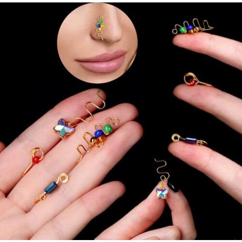 1Pcs Stainless steel Spiral Fake Piercing Nose Ring Clip Acrylic Beaded Butterfly Nose Ring Cuff Ear Clip Cuff Body Jewelry