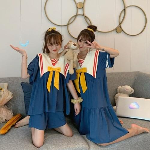 Loose Women Cute Beautiful Bow Cartoon Short-Sleeve Pajamas Suit Korean Teen Style Girlfriends Home Service Summer