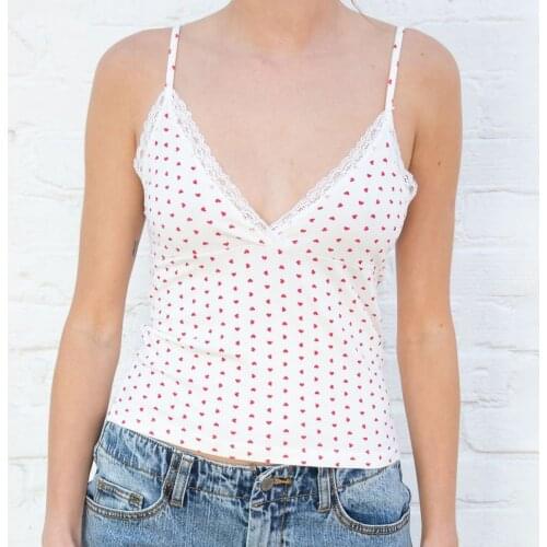 Heart Print Slim Cotton Tops 2021 Summer Sweet Ladies Sexy V Neck Lace Y2k Camis Blouses Women Vintage Cute Boho Crop Top Chic