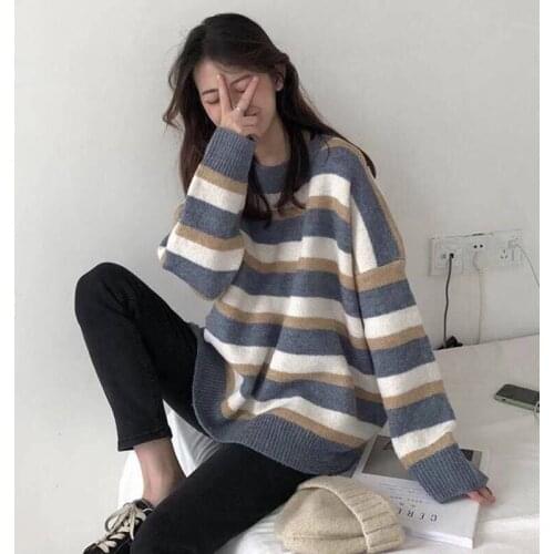 Womens Japanese Harajuku Stripe Loose Long Sleeve Sweater Student Korean Knitted Jumper Pullovers