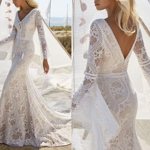 Hippie Beach Boho Mermaid Lace Wedding Dress V-Neck Long Bell Sleeves 2021 New Custom Made Backless Cut Out Lace Bridal Gown