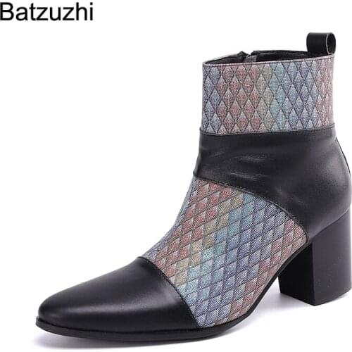 Batzuzhi 7.5cm High Heels British Style Men Shoes Pointed Toe Split Color Genuine Leather Boots Men for Knight/Party and Wedding