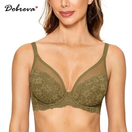 DOBREVA Womens Full Coverage Lace Bra Lightly Lined Plus Size Minimizer Underwire Bralette