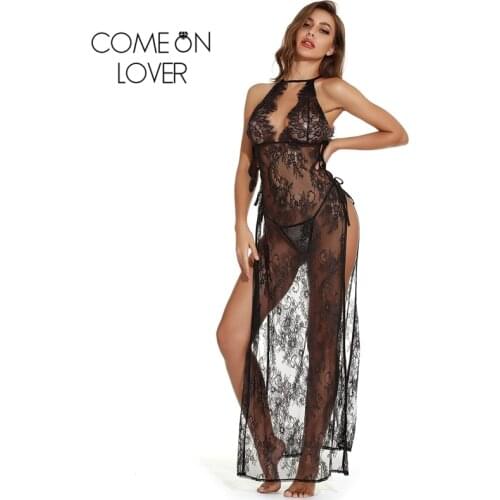 Comeonlover Halter Sex Dress for Women Transparent Trim Lace Long Dress Nighty Sexy Women Negligee With Thong RE80969