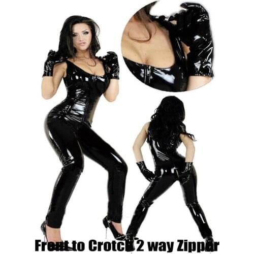 Women Wet Look Black Sleeveless Catsuit Low Cut Jumpsuit Faux Leather Romper Pole Dancing Bodysuit Clubwear Clothing