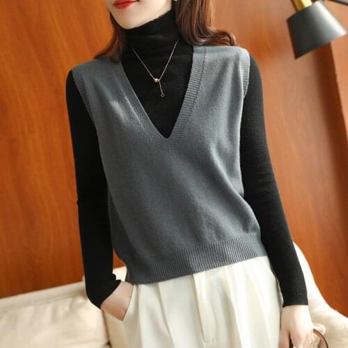 LHZSYY 100%Wool Knitted Vest Sleeveless Womens V-Neck Sweater Autumn Winter New 2020 Cashmere Plus Size Short Top Outside Vest