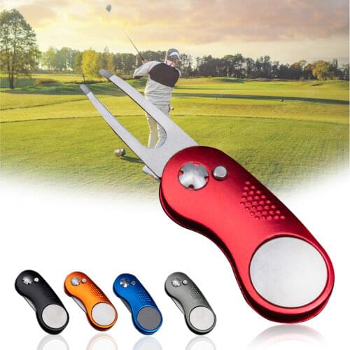 Metal Foldable Golf Divot Fork Tool with Button Magnetic Portable for Golf Club FK88