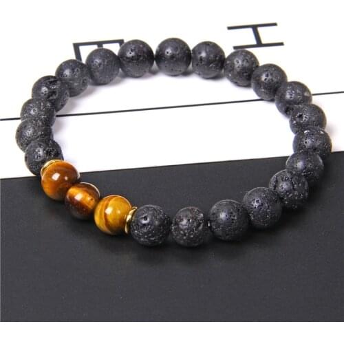 Natural Black Volcanic Lava Stone Bracelet 8mm Genuine Tiger Eye Stone Beaded Charm Yoga Buddha Braclet Jewelry for Men Women
