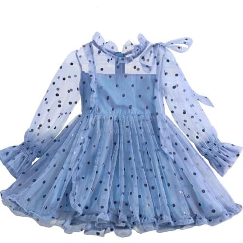Autumn Dress Baby Girls Wear Kid Costume Polka Dots Tulle Gown Bridesmaid Long Sleeves Vestidos Children `s Causal Dress