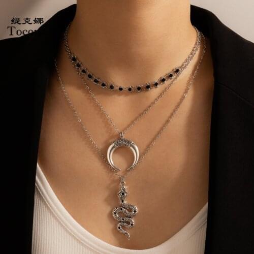 Tocona Silver Color Moon Pendant Necklace for Women Trendy Snake Black Bead Multilayer Sweater Chain Bohemian Jewelry 16939