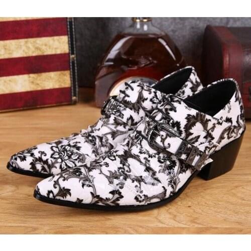 Christia Bella Pointed Toe Men Heighten Oxfords Shoes Black and White Printing Male Buckle Genuine Leather Party Brogue Shoes