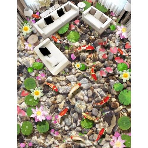 Custom Photo self-adhesive 3D floor Lotus carp stone Home Decoration Floor 3d painting