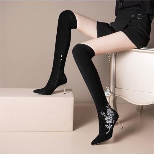 PXELENA Luxury Embroider Crystal Heels Stretch Over The Knee Boots Women Dress Evening Shoes Slim Fit Kid Suede Thigh High Boots