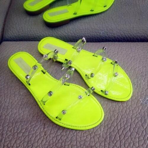 Summer New Women Beach Slippers PVC Candy Color Outdoor Patent Strap Sandals Wild Fashion Non-slip Bottom Durable Studs Slippers