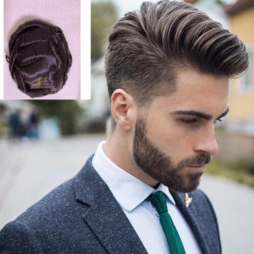 Super Soft Thin Skin Full Pu Replacement Brown Color Mens Hair Pieces Preplucked For Man Fashion Toupee Human Remy Hair Wig