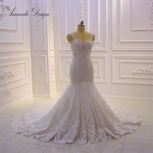 Amanda Design African Bridal Marriage Dress Spaghetti Straps Lace Appliqued Mermaid Wedding Dress
