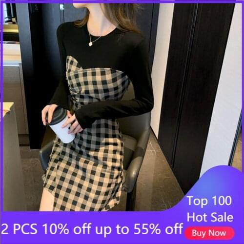 2021 Autumn And Winter Plaid High Waist Slimming Dress For Women Patchwork Easy Matching Long Bottoming Dresses