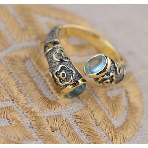Genuine Topaz Inlay 925 Pure Silver Ring for Women Girl Handmade Enamel Cloisonne Gift Ring Thai Silver Jewelry Accessories