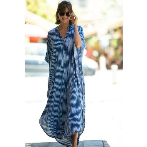 Newest Female Fashion Striped V-Neck Buttons Front Open Summer Beach Dress Women Loose Boho Dress For Women Vestidos K1307