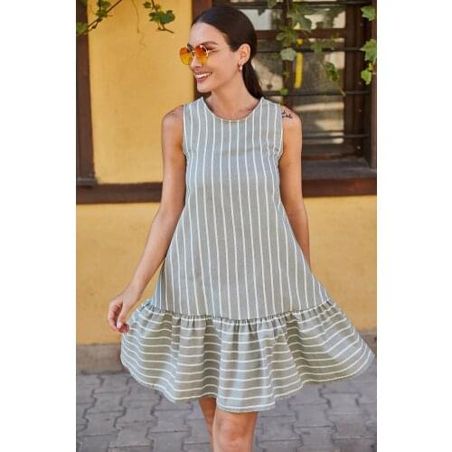 Womens Green, Sleeveless, Skirt Frilly, Striped Dress, Collarless, Modern Cut, Comfortable, Casual, holiday, Color Does Not Play, Convenient