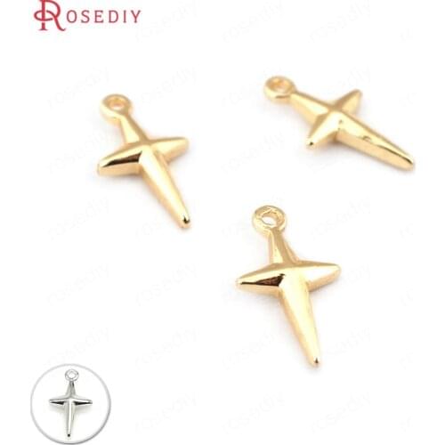 33216)20PCS 12*6.5MM hole 1.5mm 24K Champagne Gold Color Plated Brass Cross Star Charms Jewelry Findings Accessories