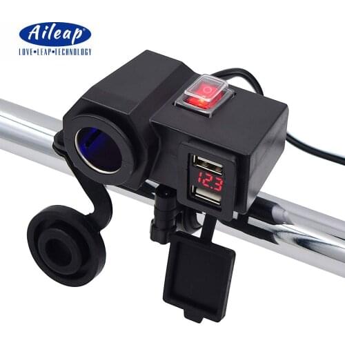Aileap Motorcycle Cigarette Lighter Socket Dual USB Ports Phone Charger Adapter with Battery Voltmeter and Power Switch