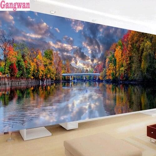 5d Diamond Embroidery natural "color forest tree lake bridge" Mosaic full Round Square Diamond Painting cross stitch large decor