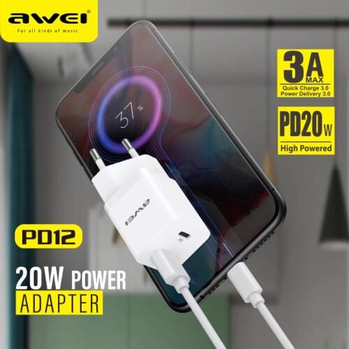 AWEI PD 20W Fast Phone Charger Quick QC Charging Adapters EU Plug USB A Type C Portable Travel Charger For iPhone Huawei PD12