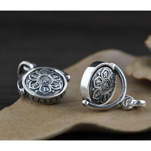 BOCAI 2020 New real S925 Silver Antique Thai Silver Pendant Mens and Womens Six Words Pendant Turnable New Silver Pendant