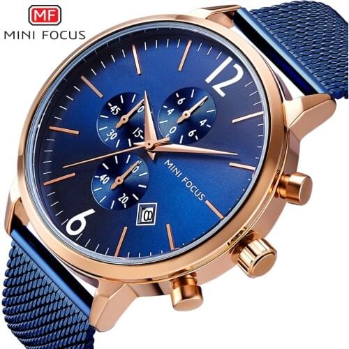 MINI FOCUS Fashion Dress Quartz Watch Men Blue Mesh Strap 3 Sub-dial Calendar Chronograph Sports Mens Watches Top Brand Luxury