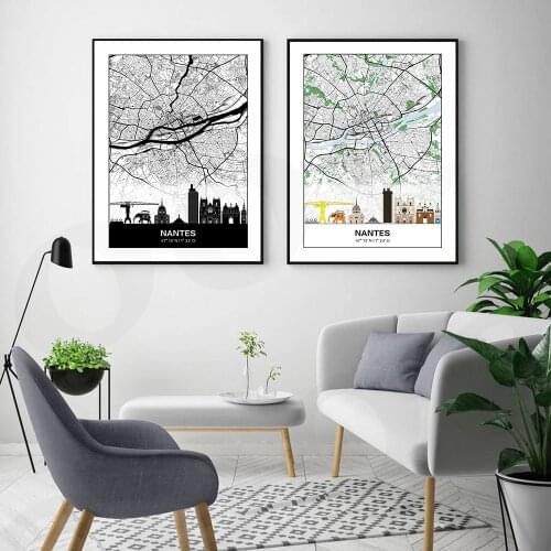 Black and White Nantes Map Wall Canvas Art Nordic Painting Poster and Print Scandinavian Wall Picture for Living Room