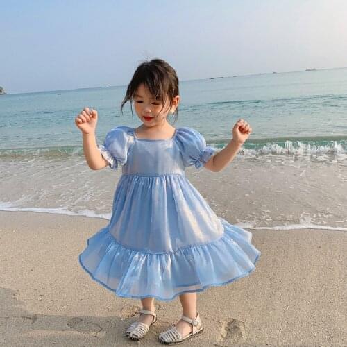Kids Birthday Wedding Dresses For Girl Summer New Korean Clothes 3-7 Years Cute Pink Blue Princess Beach Dresses Girls vestidos