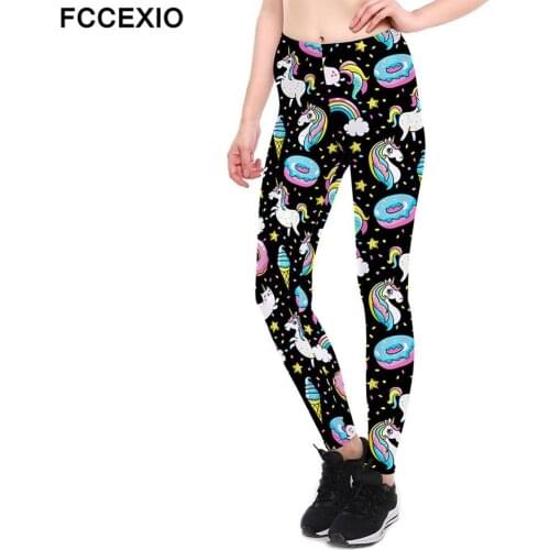FCCEXIO New Sexy Girl Pencil Pants Rainbow Black Unicorn Donut Pony Print Elastic Slim Fitness Workout Women Leggings Plus Size