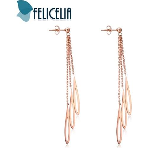 Felicelia Rose Gold Tone Women Earrings Stainless Steel Waterdrop Tassel Long Dangle Earrings Elegant Fashion Jewelry