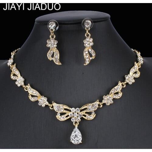 Jiayijiaduo Fashion Zircon Women Jewelry Set Classic Wedding Bride Bow Necklace Earrings Set Gold Color