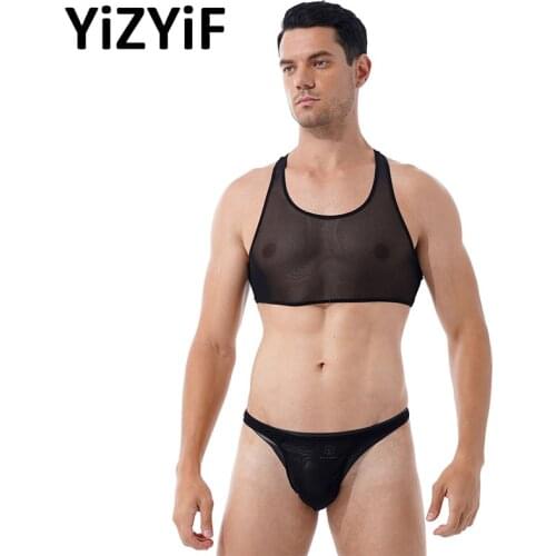 Men Sexy Outfits See-through Mesh Two-piece Lingerie Suit Swimwear Sleeveless Cropped Tank Top with Low Waist Thongs Briefs Set