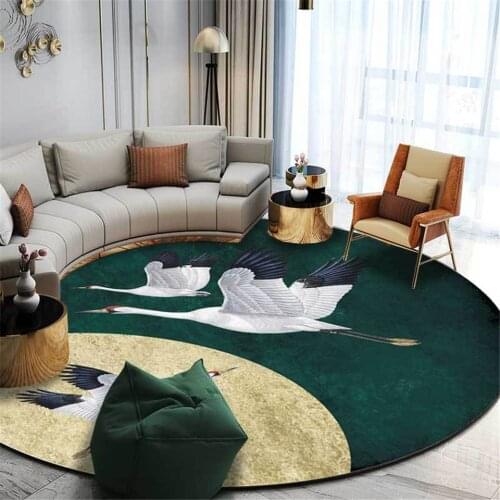 New Chinese Style Round Carpet Luxury Green Gold Crane Printed Carpet Living Room Bedroom Decor Hallway Rug Bedside Mat Bathroom